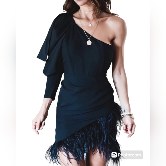 KLESIS BLACK ONE SHOULDER FEATHER MINI DRESS - Picture 4 of 14